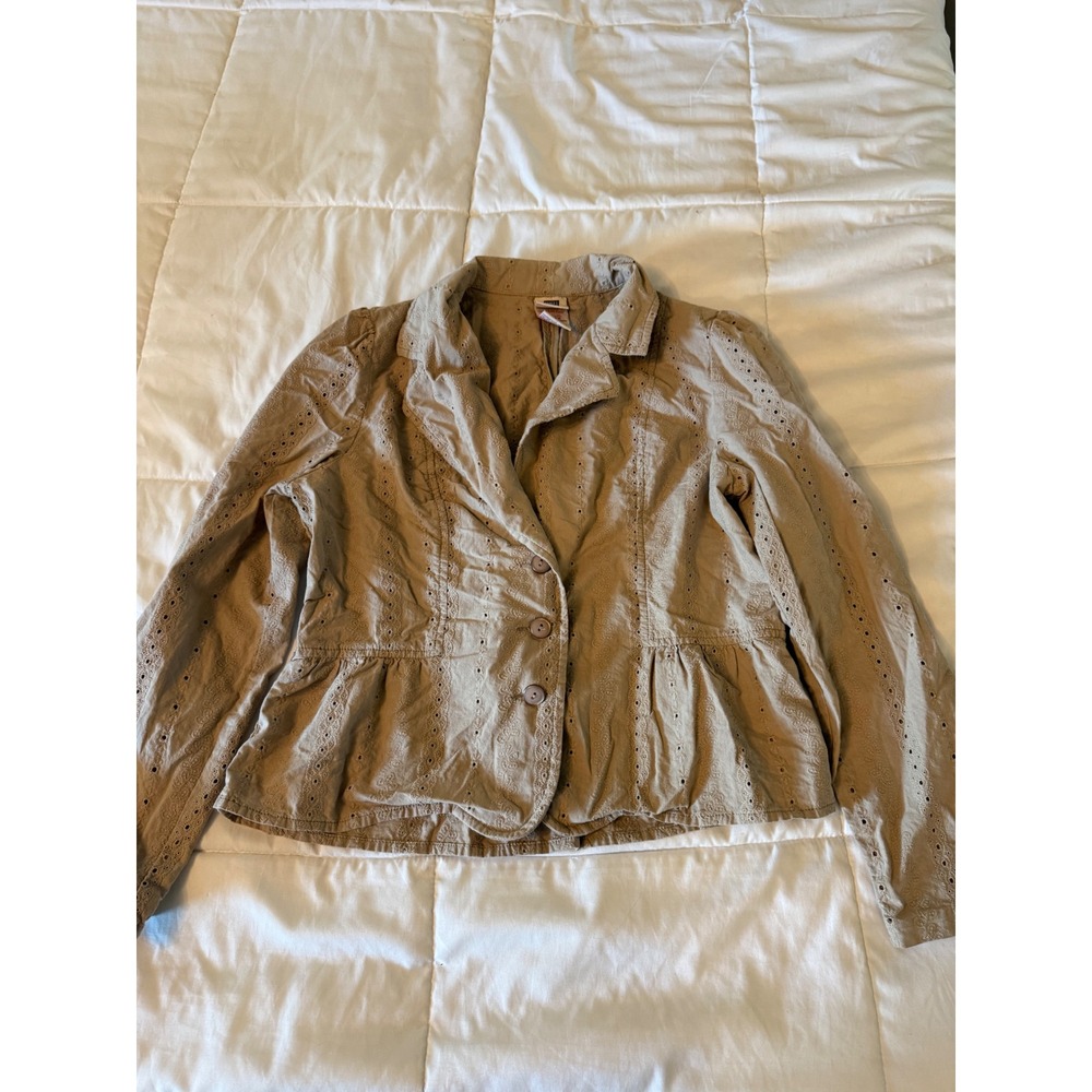 Faded Glory Tan Cotton Eyelet Peplum Blazer Jacket Womens 12 Khaki Boho Cottage